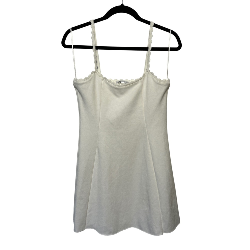 Zara Stretch Knit Mini Dress Scalloped‎ Trim Sleeveless A Line Size Large EUC